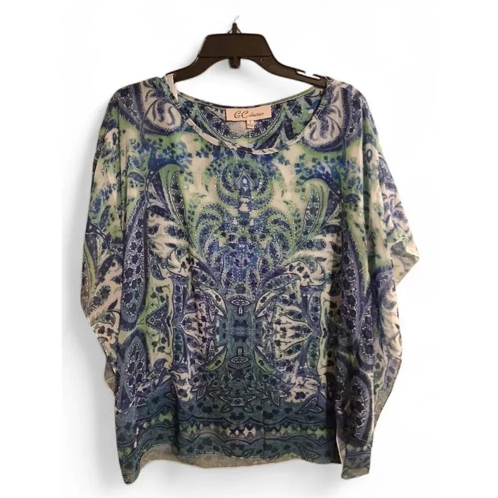 G COLLECTION Blue Green Paisley With Blue And Silver Rhinestones Size Small New